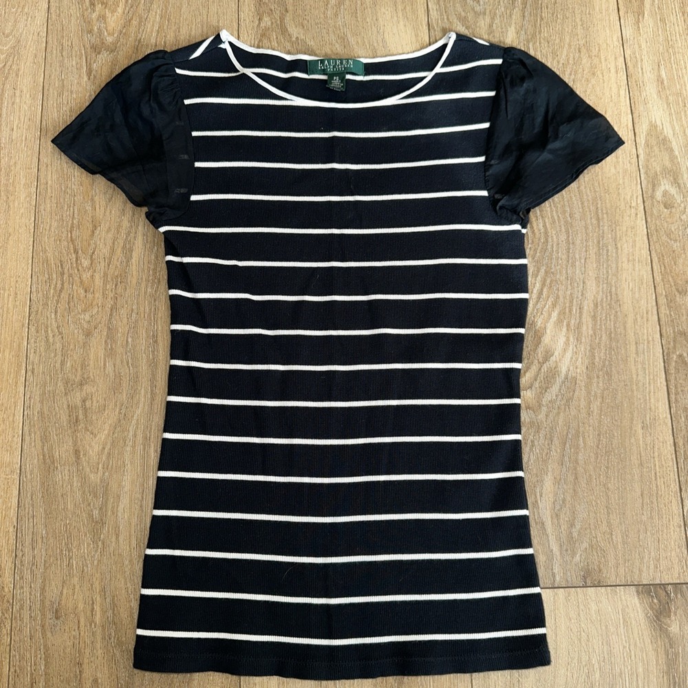 Lauren Ralph Lauren Petite Striped Knit Top Navy White Sheer Puff Sleeve PS